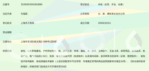 新秀丽国际贸易(宁波)上海黄浦第一分公司